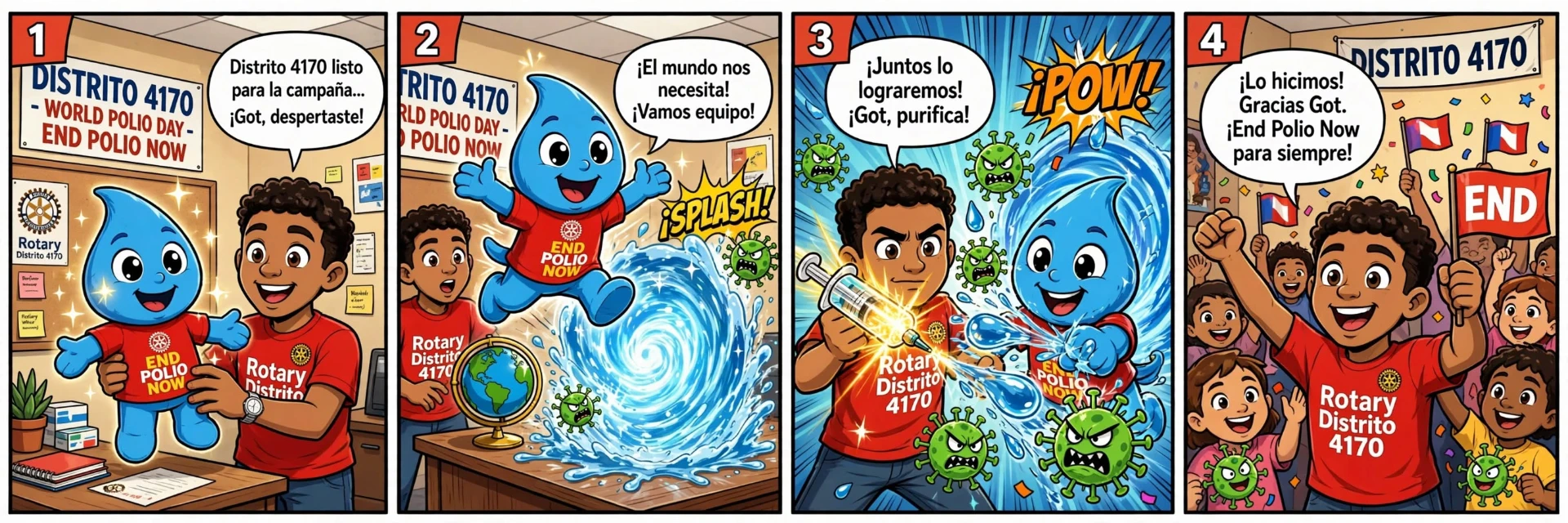 Got, la gota de End Polio Now, en una tira cómica de la campaña del Distrito 4170